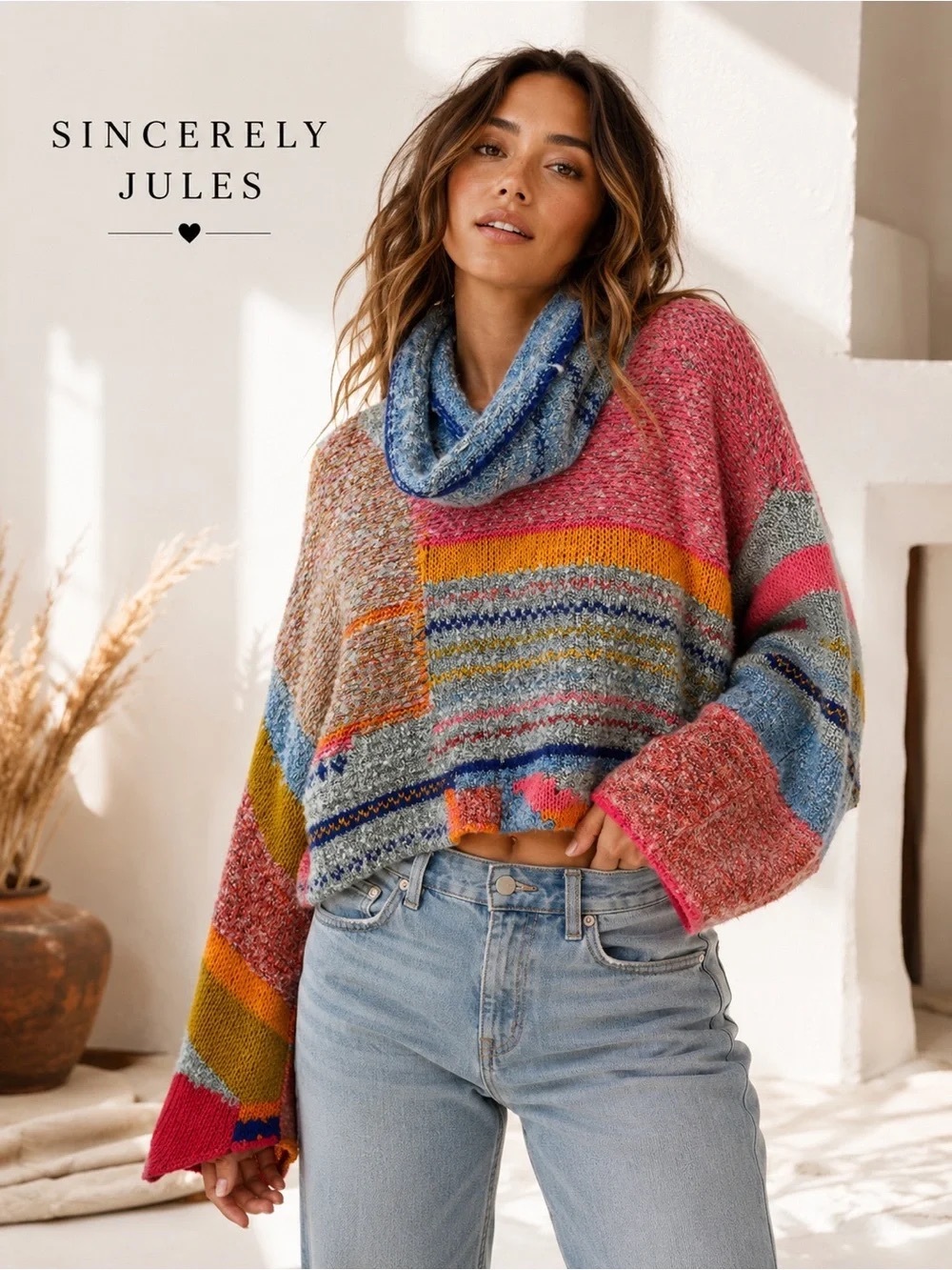 Sincerely Jules Multicolor Striped Cowl Neck Knit Sweater
